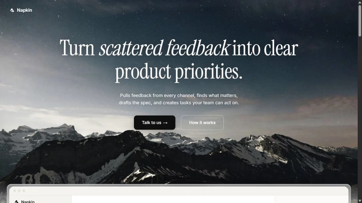 Napkin's live website: a mountain landscape above its feedback-to-product-priorities introduction